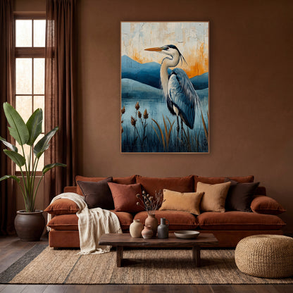 Heron Lakeside Amber Sky Painterly wall art in a warm boho-style room – blue heron in profile among brown reeds