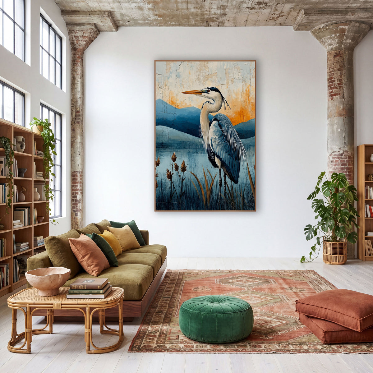 Heron Lakeside Amber Sky Painterly wall art in a warm boho-style room – blue heron in profile among brown reeds