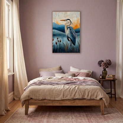 Heron Lakeside Amber Sky Painterly wall art in a warm boho-style room – blue heron in profile among brown reeds