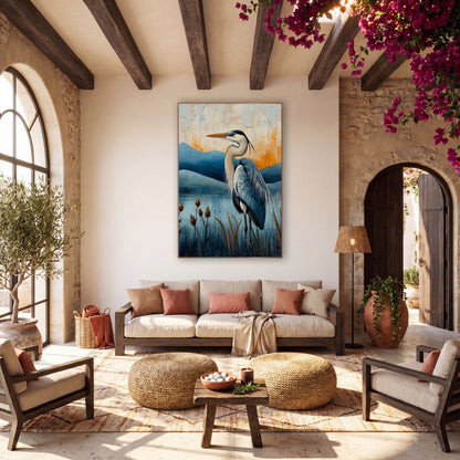 Heron Lakeside Amber Sky Painterly wall art in a warm boho-style room – blue heron in profile among brown reeds