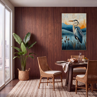 Heron Lakeside Amber Sky Painterly wall art in a warm boho-style room – blue heron in profile among brown reeds