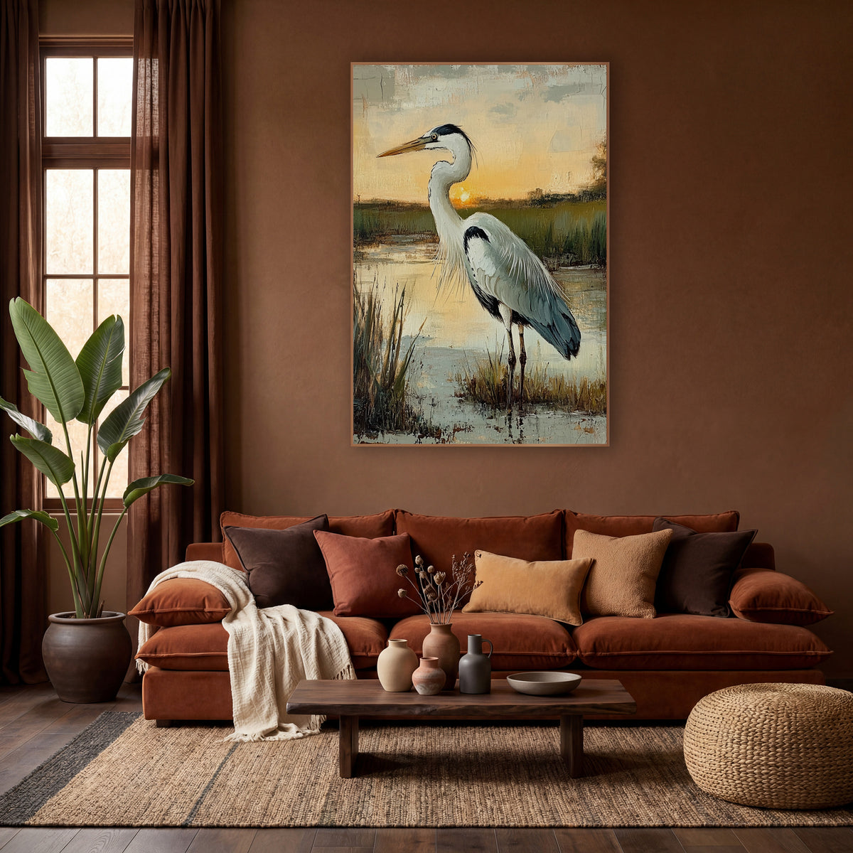 Marsh Heron Sunrise Coastal Boho wall art in a warm boho-style room – tall heron with white and slate gray feathers