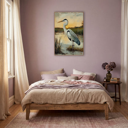 Marsh Heron Sunrise Coastal Boho wall art in a warm boho-style room – tall heron with white and slate gray feathers