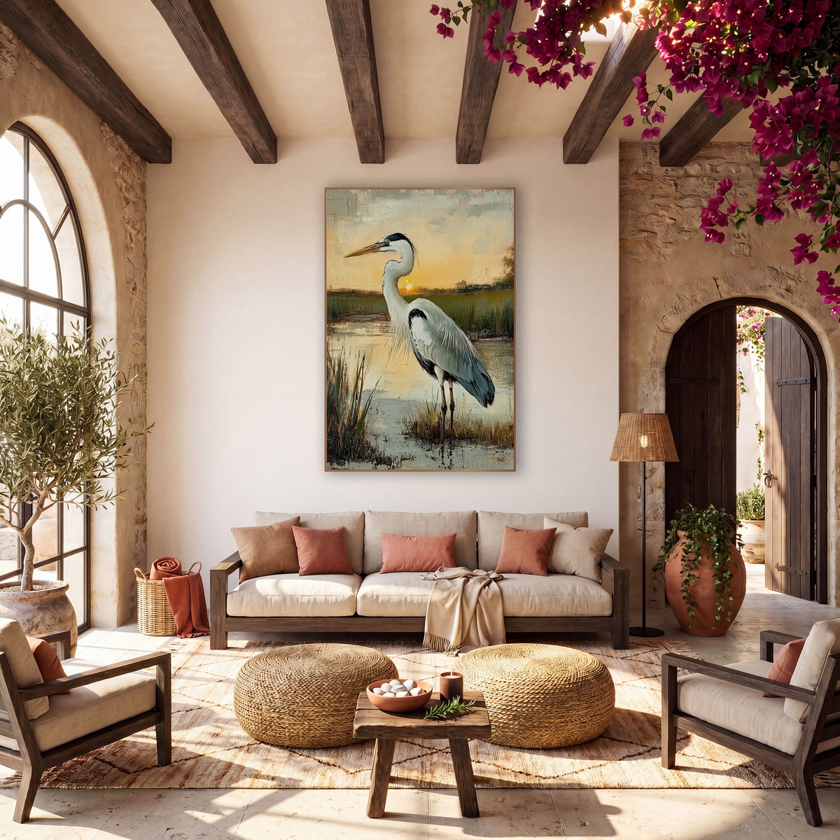 Marsh Heron Sunrise Coastal Boho wall art in a warm boho-style room – tall heron with white and slate gray feathers