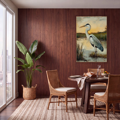 Marsh Heron Sunrise Coastal Boho wall art in a warm boho-style room – tall heron with white and slate gray feathers