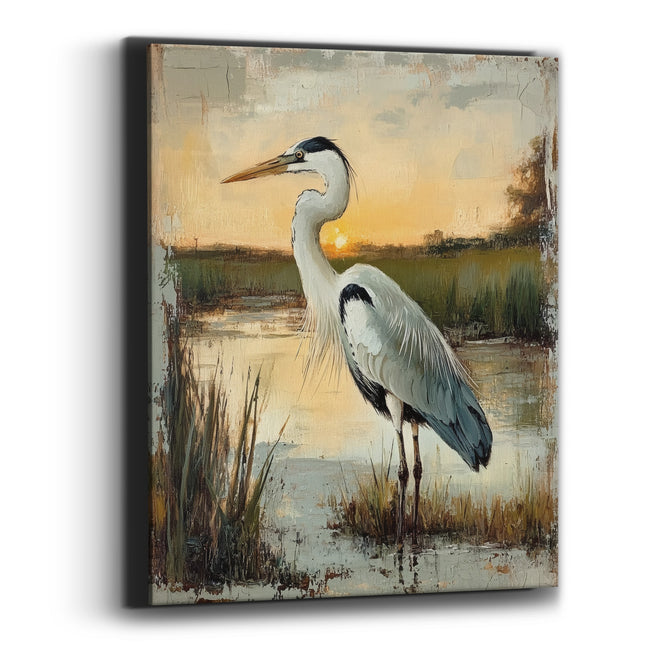 Marsh Heron Sunrise Coastal Boho Canvas Wall Art