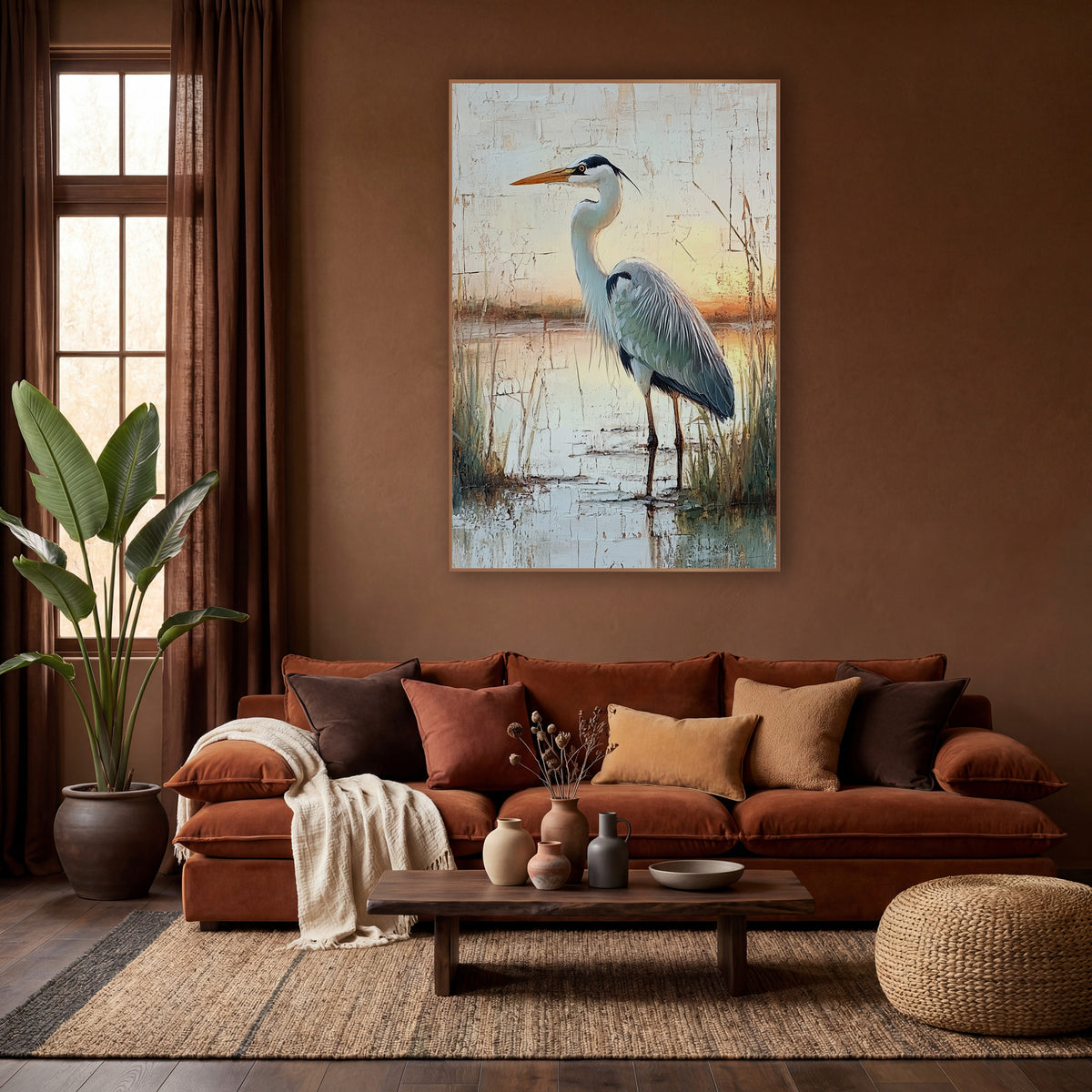Gray Heron Marsh Boho Landscape wall art in a warm boho-style room – gray heron standing in shallow marsh water among