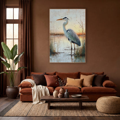 Gray Heron Marsh Boho Landscape wall art in a warm boho-style room – gray heron standing in shallow marsh water among