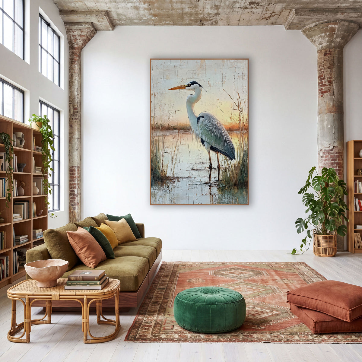 Gray Heron Marsh Boho Landscape wall art in a warm boho-style room – gray heron standing in shallow marsh water among