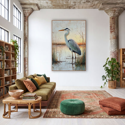 Gray Heron Marsh Boho Landscape wall art in a warm boho-style room – gray heron standing in shallow marsh water among