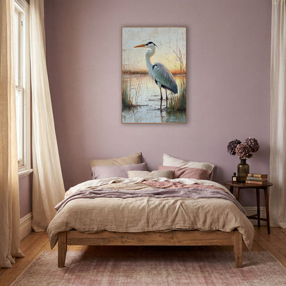 Gray Heron Marsh Boho Landscape wall art in a warm boho-style room – gray heron standing in shallow marsh water among