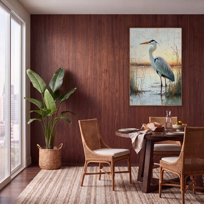 Gray Heron Marsh Boho Landscape wall art in a warm boho-style room – gray heron standing in shallow marsh water among