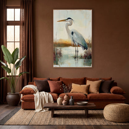 Standing Heron Marsh Boho wall art in a warm boho-style room – gray heron with orange bill standing in still marsh
