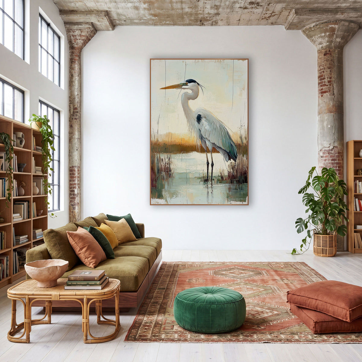 Standing Heron Marsh Boho wall art in a warm boho-style room – gray heron with orange bill standing in still marsh