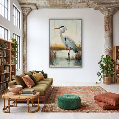 Standing Heron Marsh Boho wall art in a warm boho-style room – gray heron with orange bill standing in still marsh
