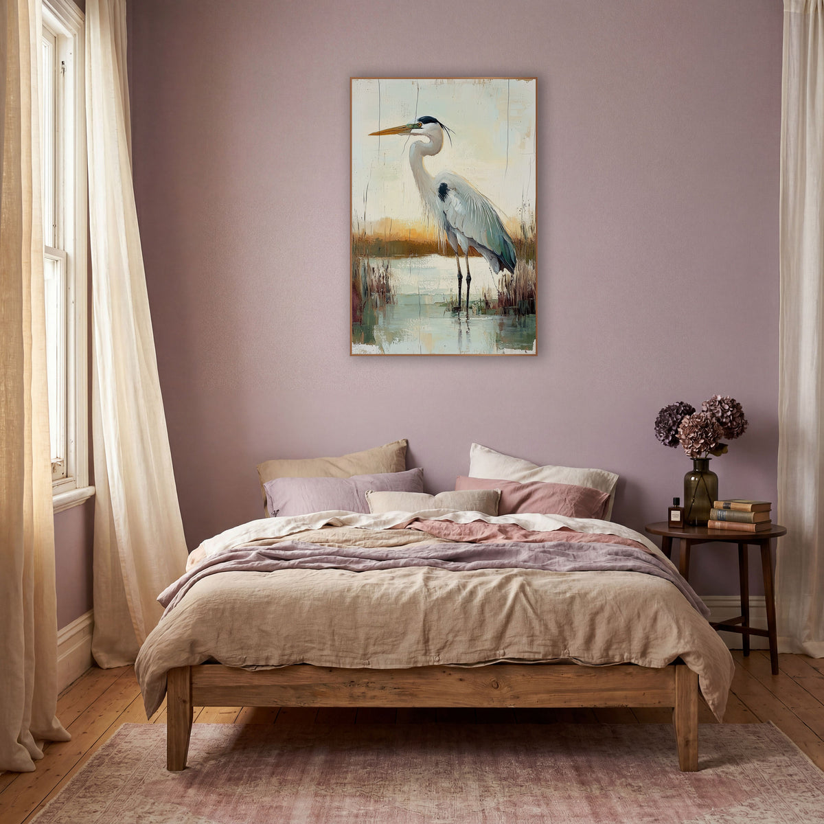 Standing Heron Marsh Boho wall art in a warm boho-style room – gray heron with orange bill standing in still marsh