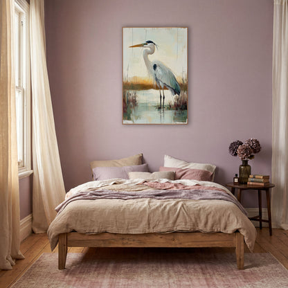Standing Heron Marsh Boho wall art in a warm boho-style room – gray heron with orange bill standing in still marsh