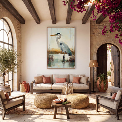 Standing Heron Marsh Boho wall art in a warm boho-style room – gray heron with orange bill standing in still marsh