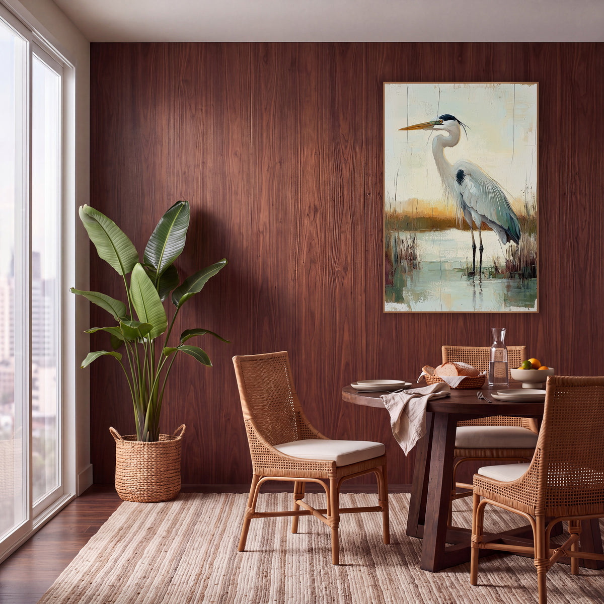Standing Heron Marsh Boho wall art in a warm boho-style room – gray heron with orange bill standing in still marsh