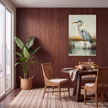 Standing Heron Marsh Boho wall art in a warm boho-style room – gray heron with orange bill standing in still marsh
