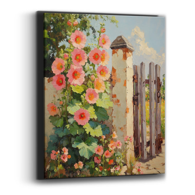 Coral Hollyhocks Garden Gate Boho Canvas Wall Art