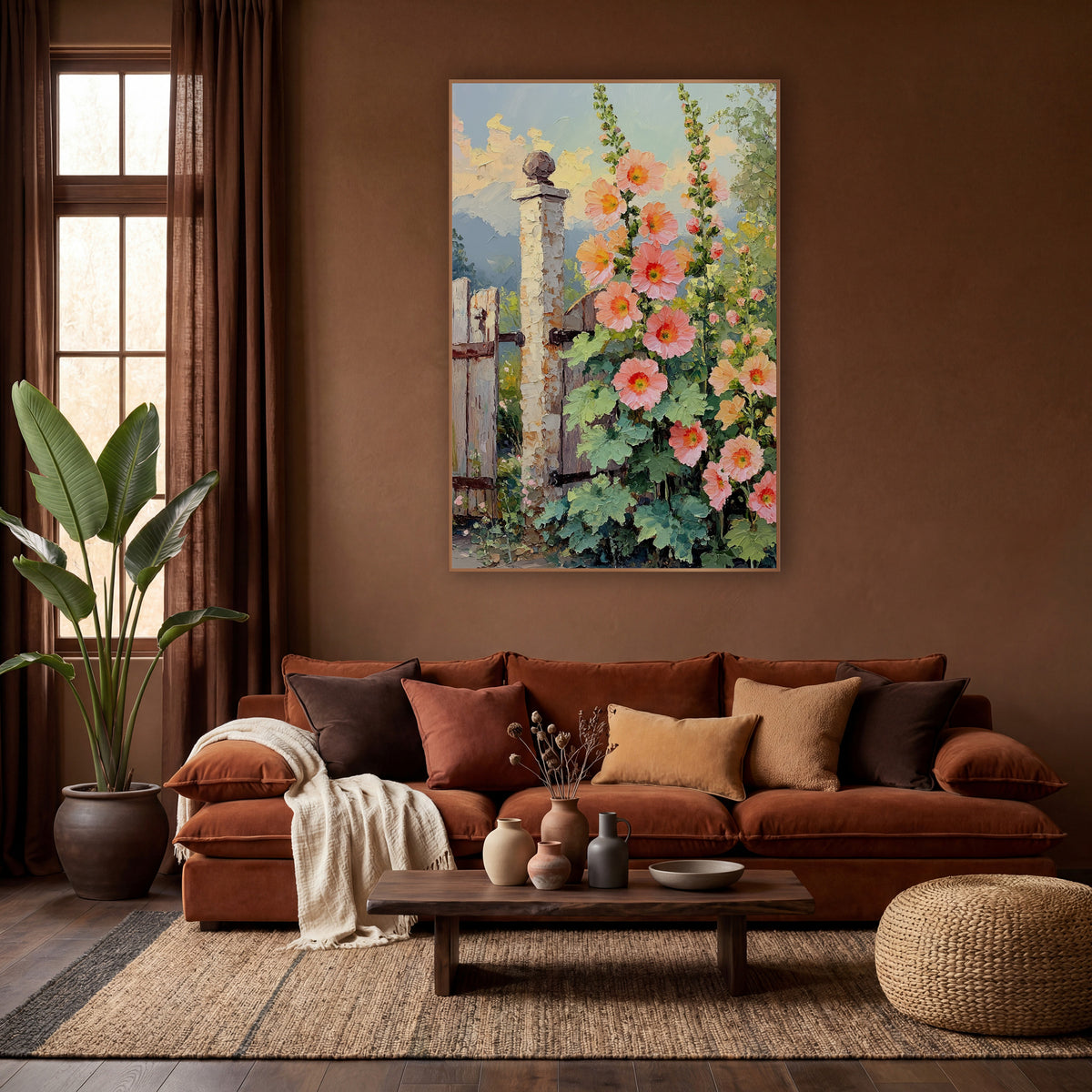 Peach Hollyhocks Sunset Clouds Painterly wall art in a warm boho-style room – tall peach and coral hollyhocks