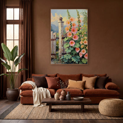Peach Hollyhocks Sunset Clouds Painterly wall art in a warm boho-style room – tall peach and coral hollyhocks