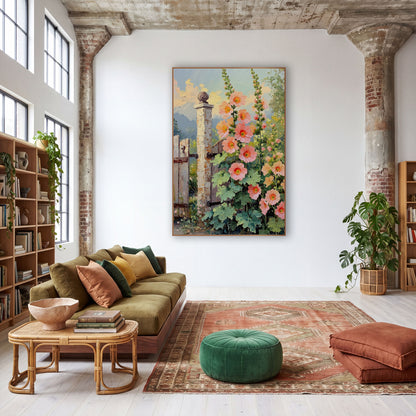 Peach Hollyhocks Sunset Clouds Painterly wall art in a warm boho-style room – tall peach and coral hollyhocks