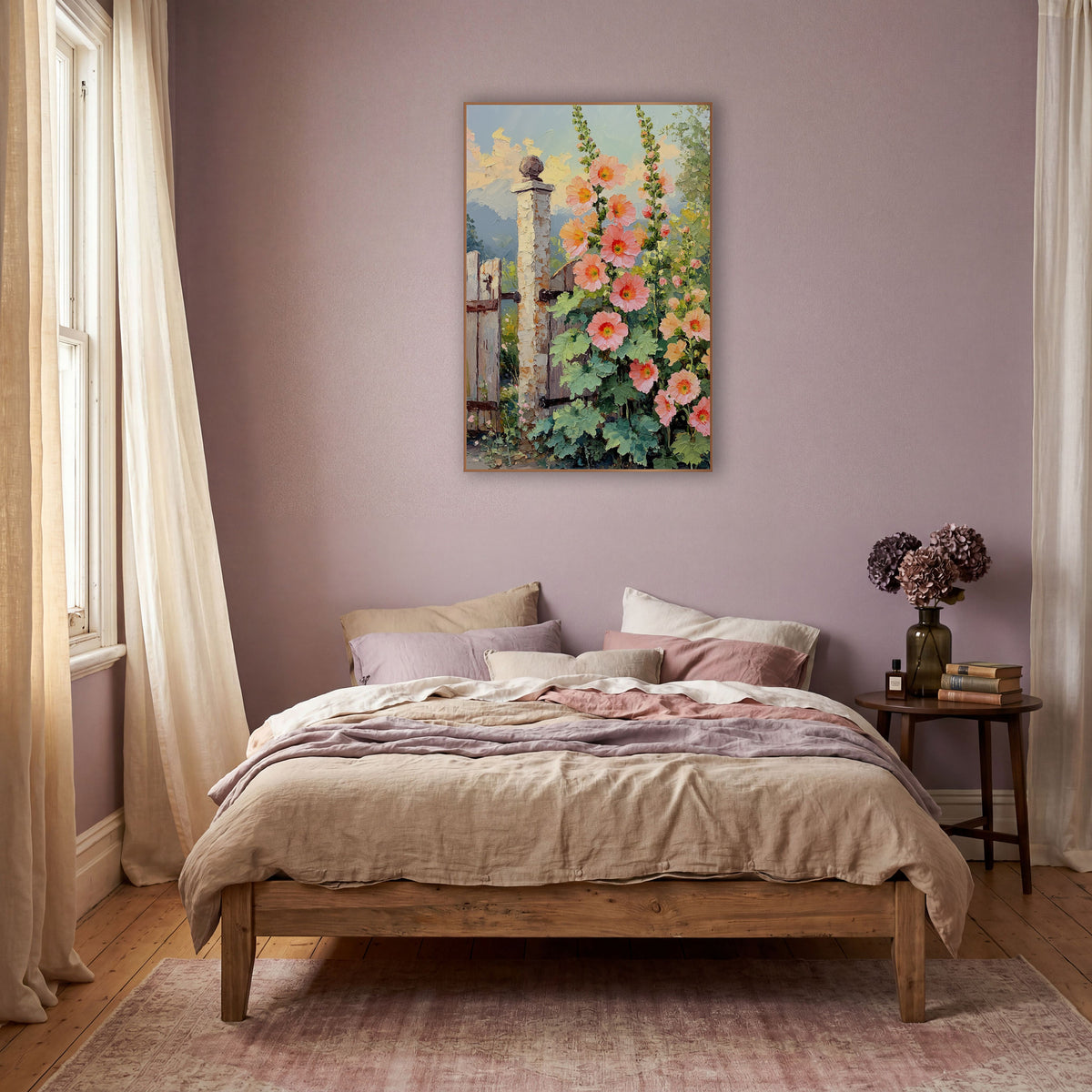 Peach Hollyhocks Sunset Clouds Painterly wall art in a warm boho-style room – tall peach and coral hollyhocks