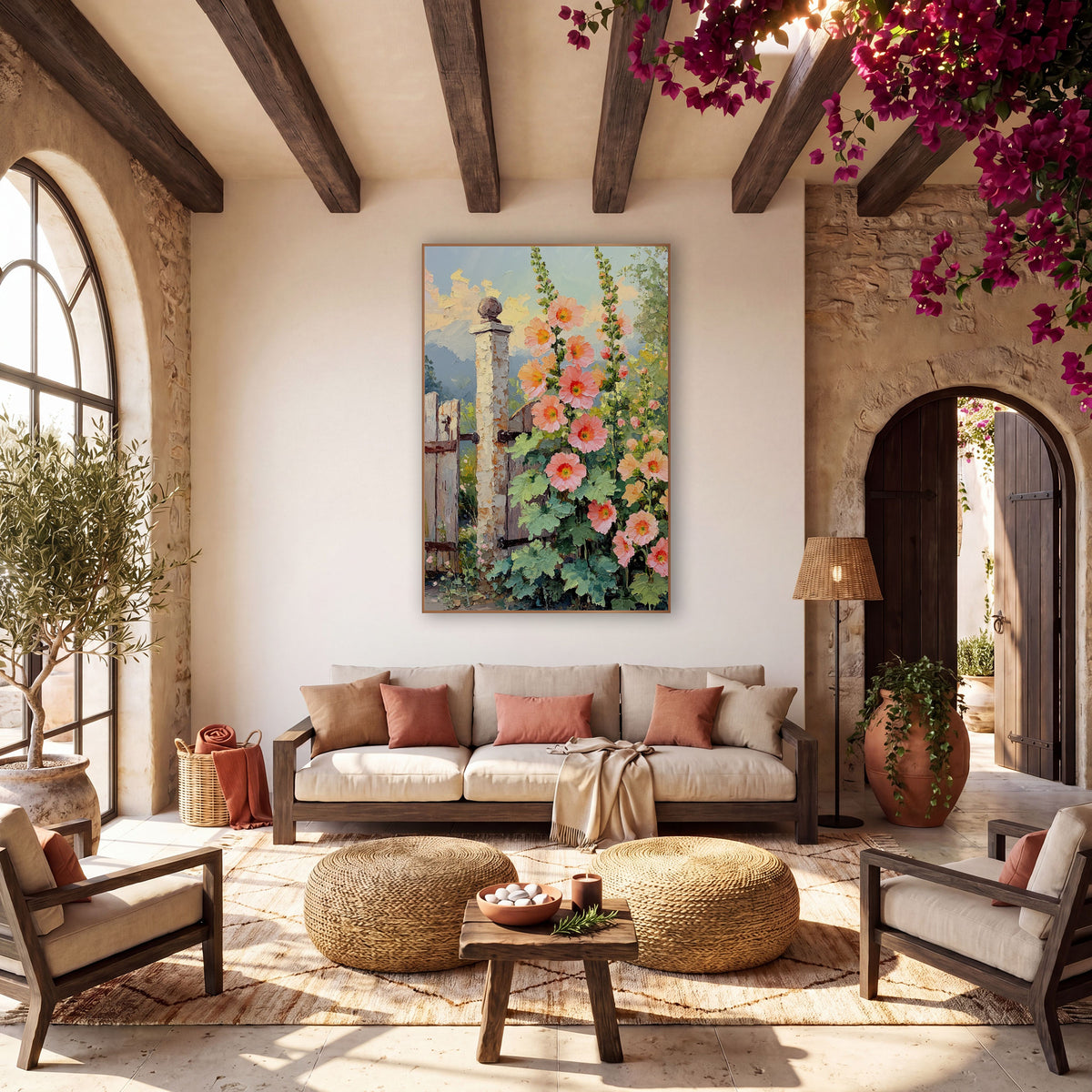 Peach Hollyhocks Sunset Clouds Painterly wall art in a warm boho-style room – tall peach and coral hollyhocks
