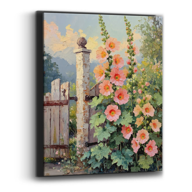 Peach Hollyhocks Sunset Clouds Painterly Canvas Wall Art