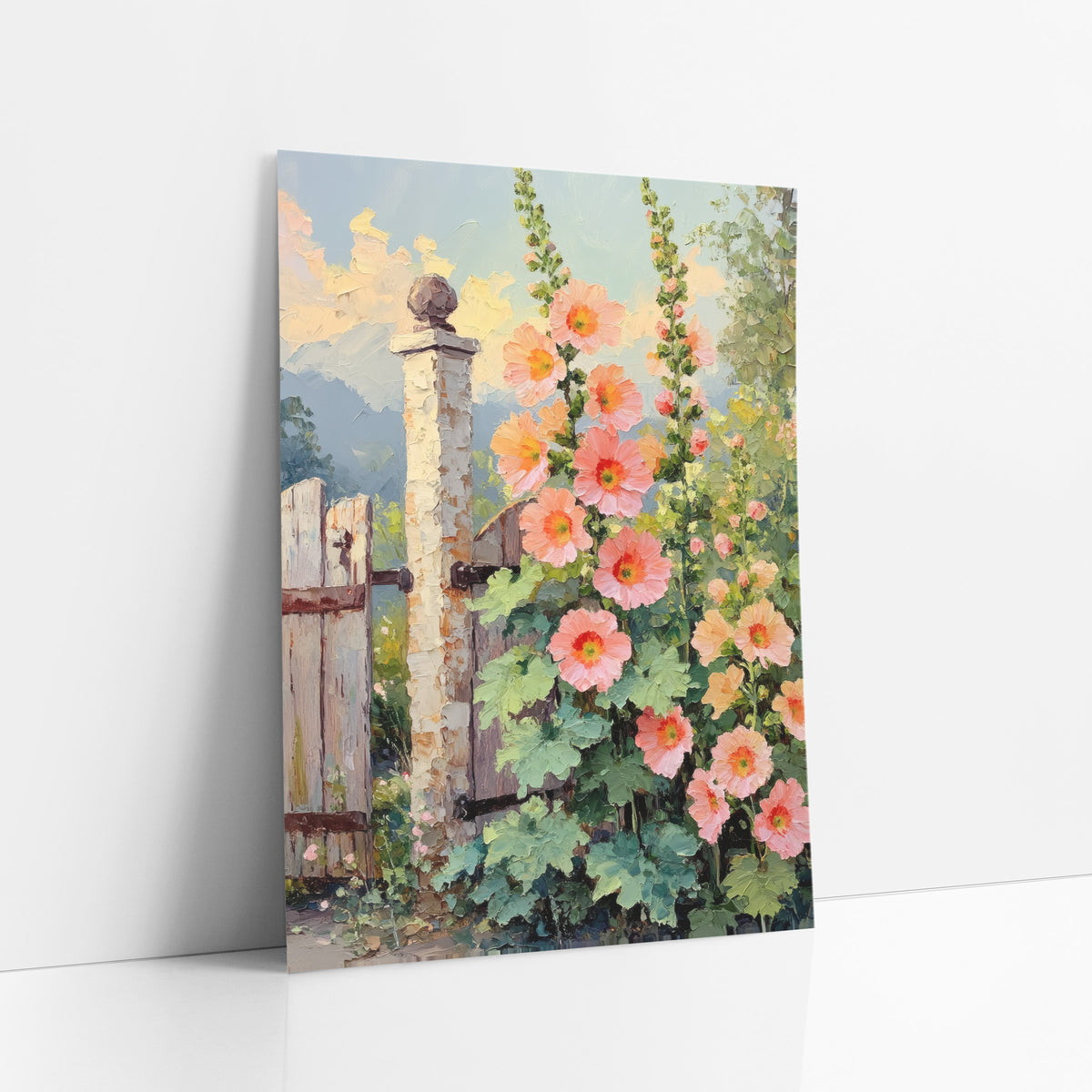 Peach Hollyhocks Sunset Clouds Painterly art print leaning against a white wall – tall peach and coral hollyhocks