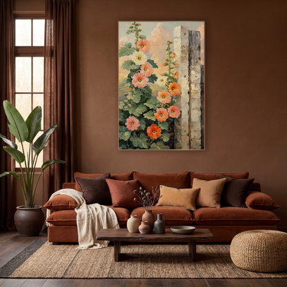 Coral Hollyhocks Garden Gate Botanical wall art in a warm boho-style room – coral, peach and cream hollyhocks