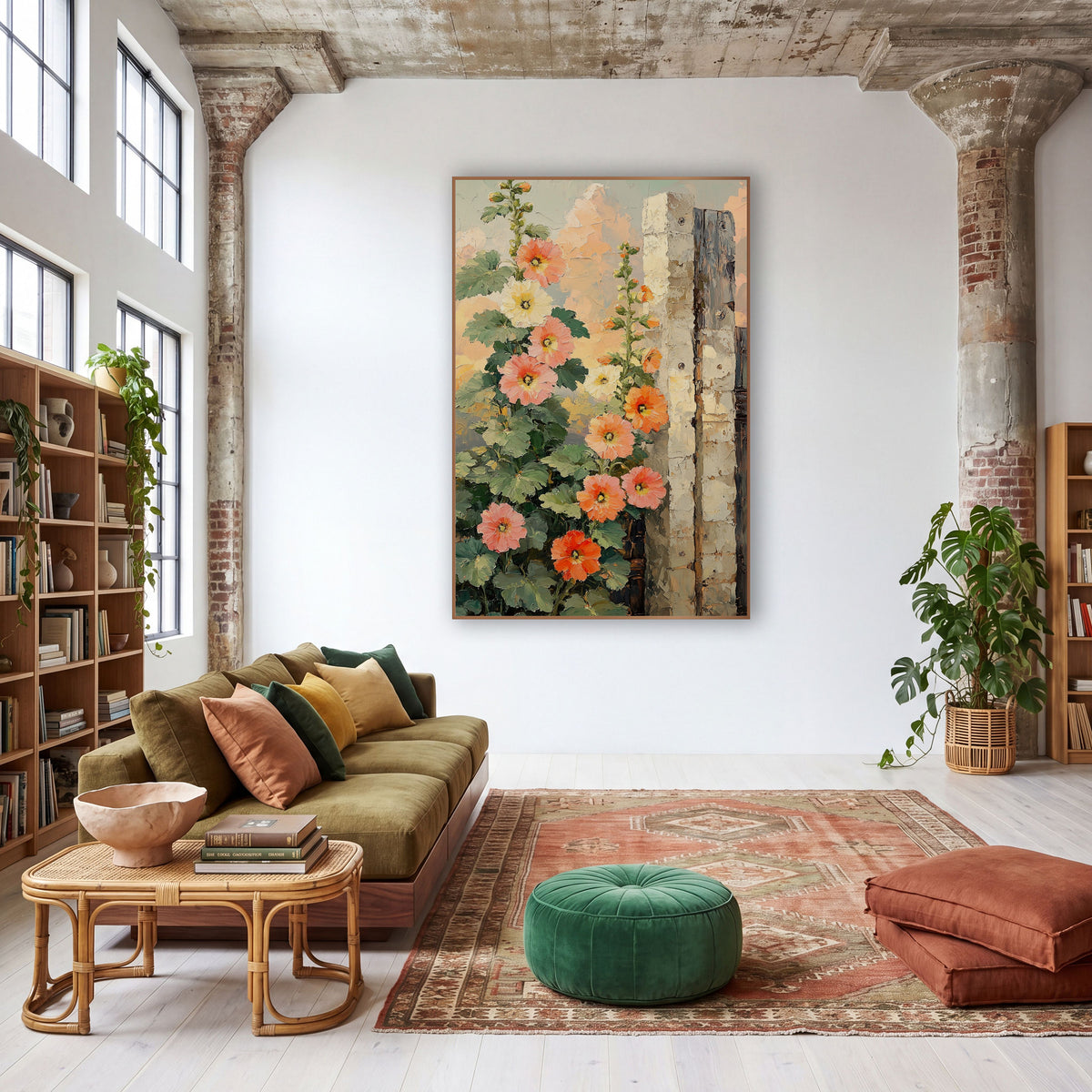 Coral Hollyhocks Garden Gate Botanical wall art in a warm boho-style room – coral, peach and cream hollyhocks