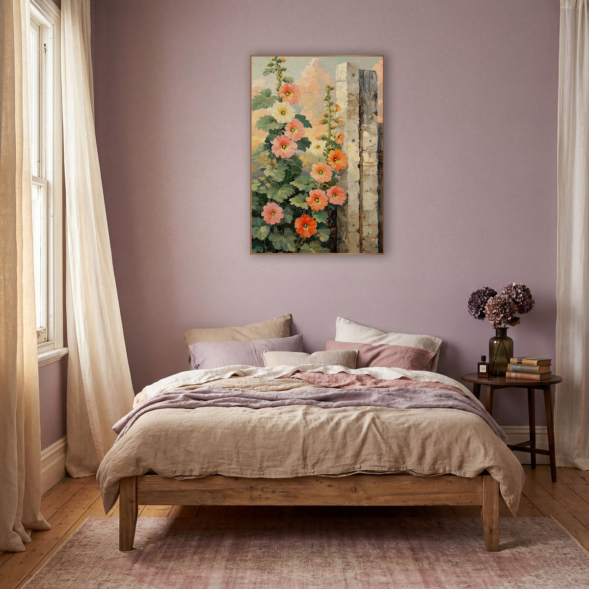 Coral Hollyhocks Garden Gate Botanical wall art in a warm boho-style room – coral, peach and cream hollyhocks