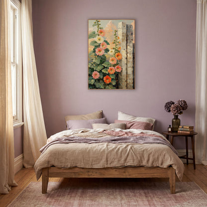 Coral Hollyhocks Garden Gate Botanical wall art in a warm boho-style room – coral, peach and cream hollyhocks