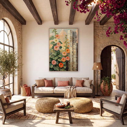 Coral Hollyhocks Garden Gate Botanical wall art in a warm boho-style room – coral, peach and cream hollyhocks