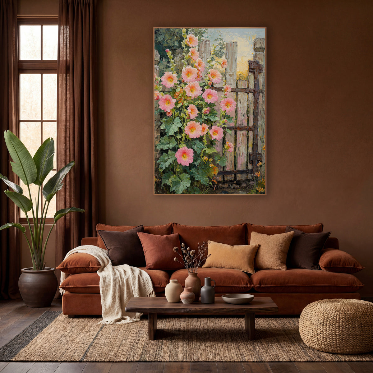 Pink Hollyhocks Rustic Gate Botanical wall art in a warm boho-style room – pink hollyhock flowers beside a weathered