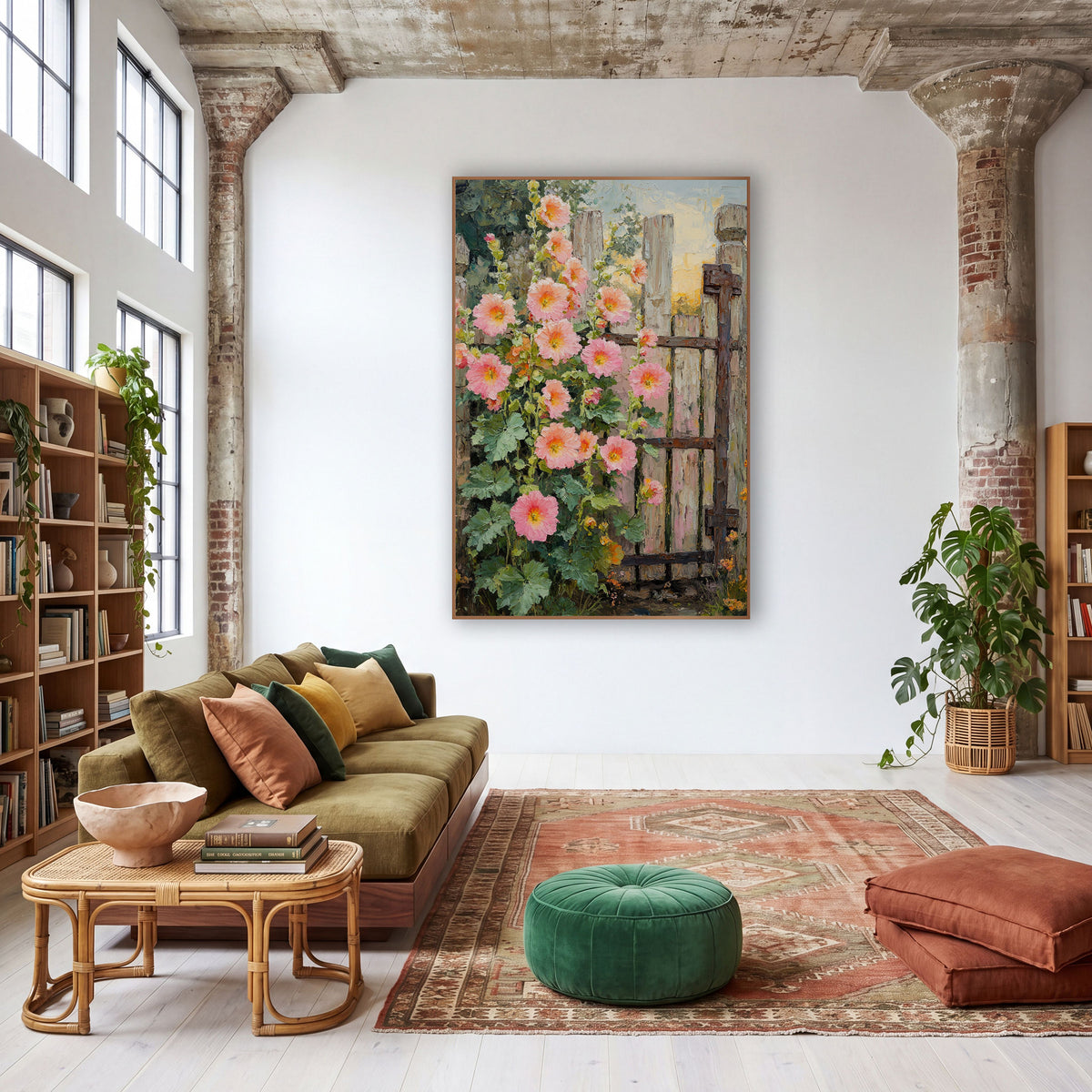 Pink Hollyhocks Rustic Gate Botanical wall art in a warm boho-style room – pink hollyhock flowers beside a weathered