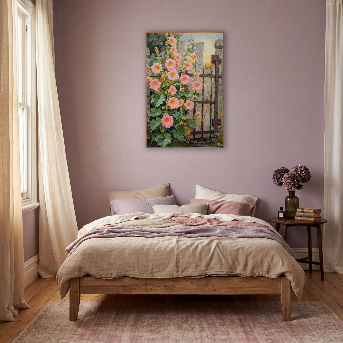 Pink Hollyhocks Rustic Gate Botanical wall art in a warm boho-style room – pink hollyhock flowers beside a weathered