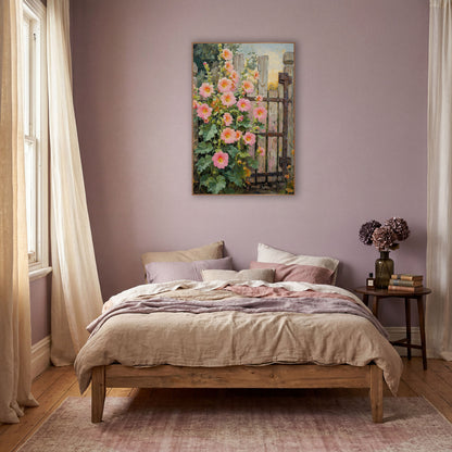 Pink Hollyhocks Rustic Gate Botanical wall art in a warm boho-style room – pink hollyhock flowers beside a weathered