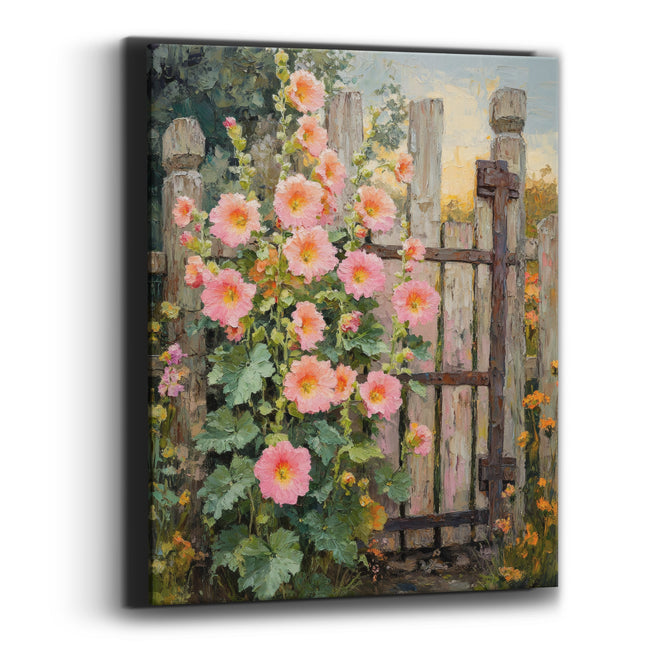 Pink Hollyhocks Rustic Gate Botanical Canvas Wall Art