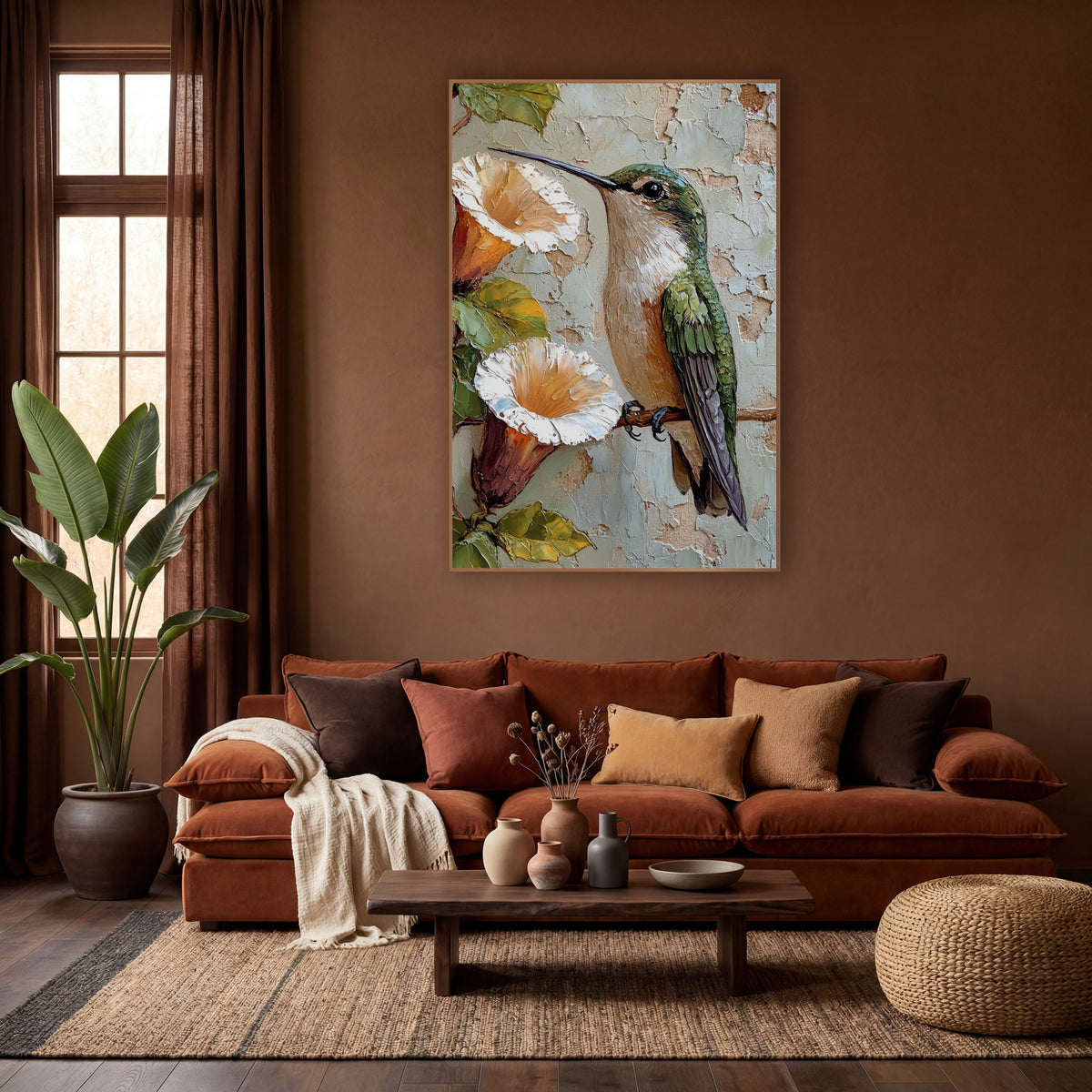 Hummingbird Trumpet Flower Bohemian wall art in a warm boho-style room – green hummingbird perched beside two white