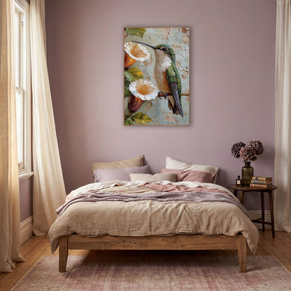Hummingbird Trumpet Flower Bohemian wall art in a warm boho-style room – green hummingbird perched beside two white