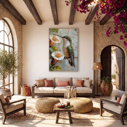 Hummingbird Trumpet Flower Bohemian wall art in a warm boho-style room – green hummingbird perched beside two white