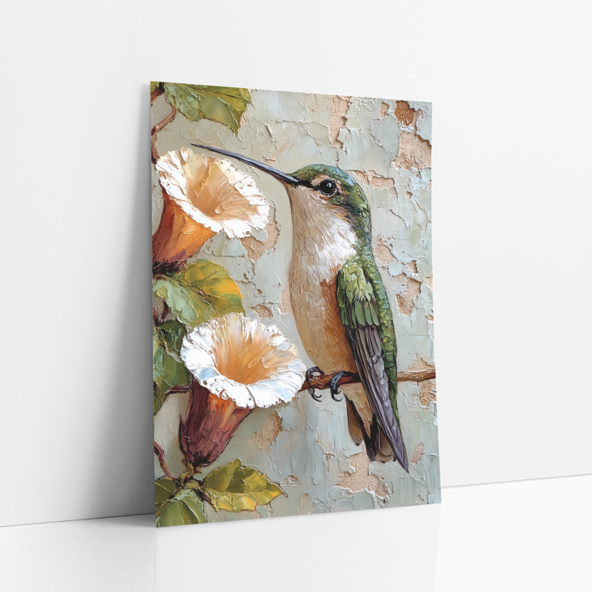 Hummingbird Trumpet Flower Bohemian art print leaning against a white wall – green hummingbird perched beside two white