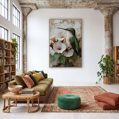 Green Hummingbird White Blossoms Bohemian wall art in a warm boho-style room – green hummingbird with long black beak
