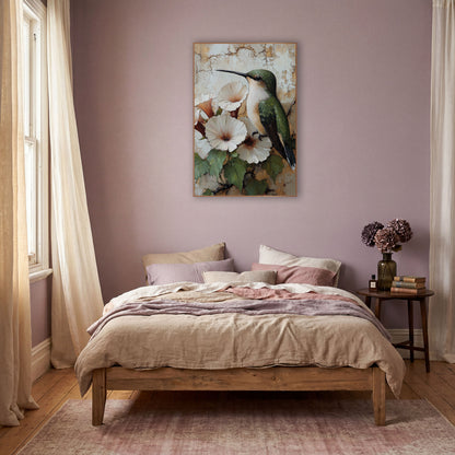 Green Hummingbird White Blossoms Bohemian wall art in a warm boho-style room – green hummingbird with long black beak