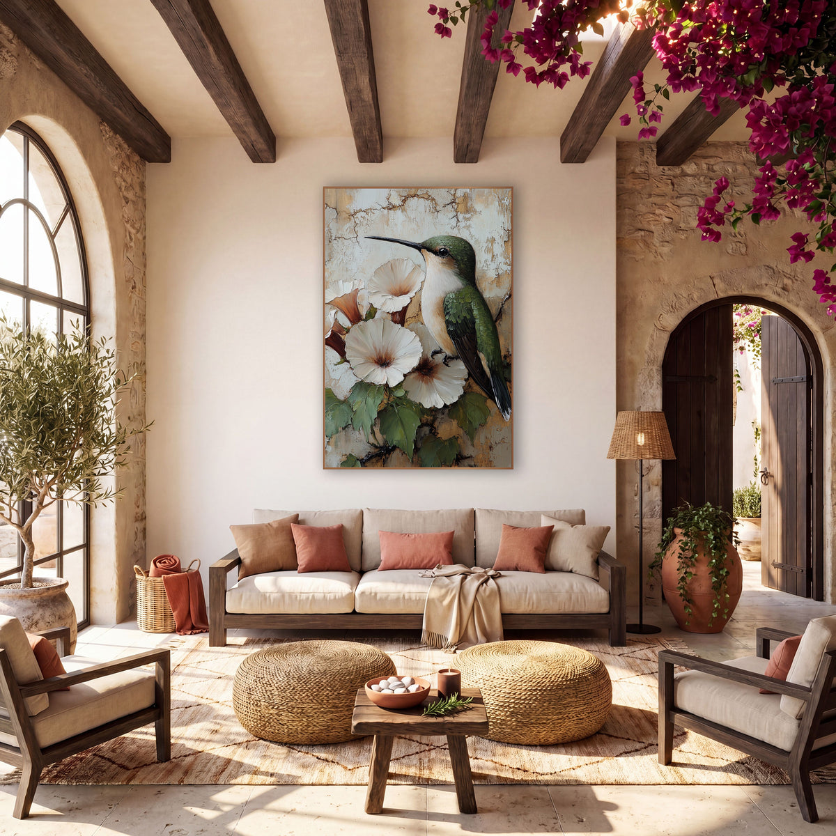 Green Hummingbird White Blossoms Bohemian wall art in a warm boho-style room – green hummingbird with long black beak