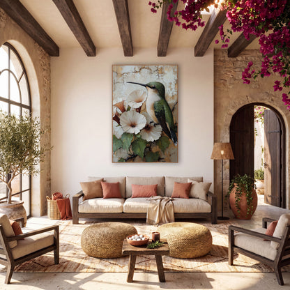 Green Hummingbird White Blossoms Bohemian wall art in a warm boho-style room – green hummingbird with long black beak